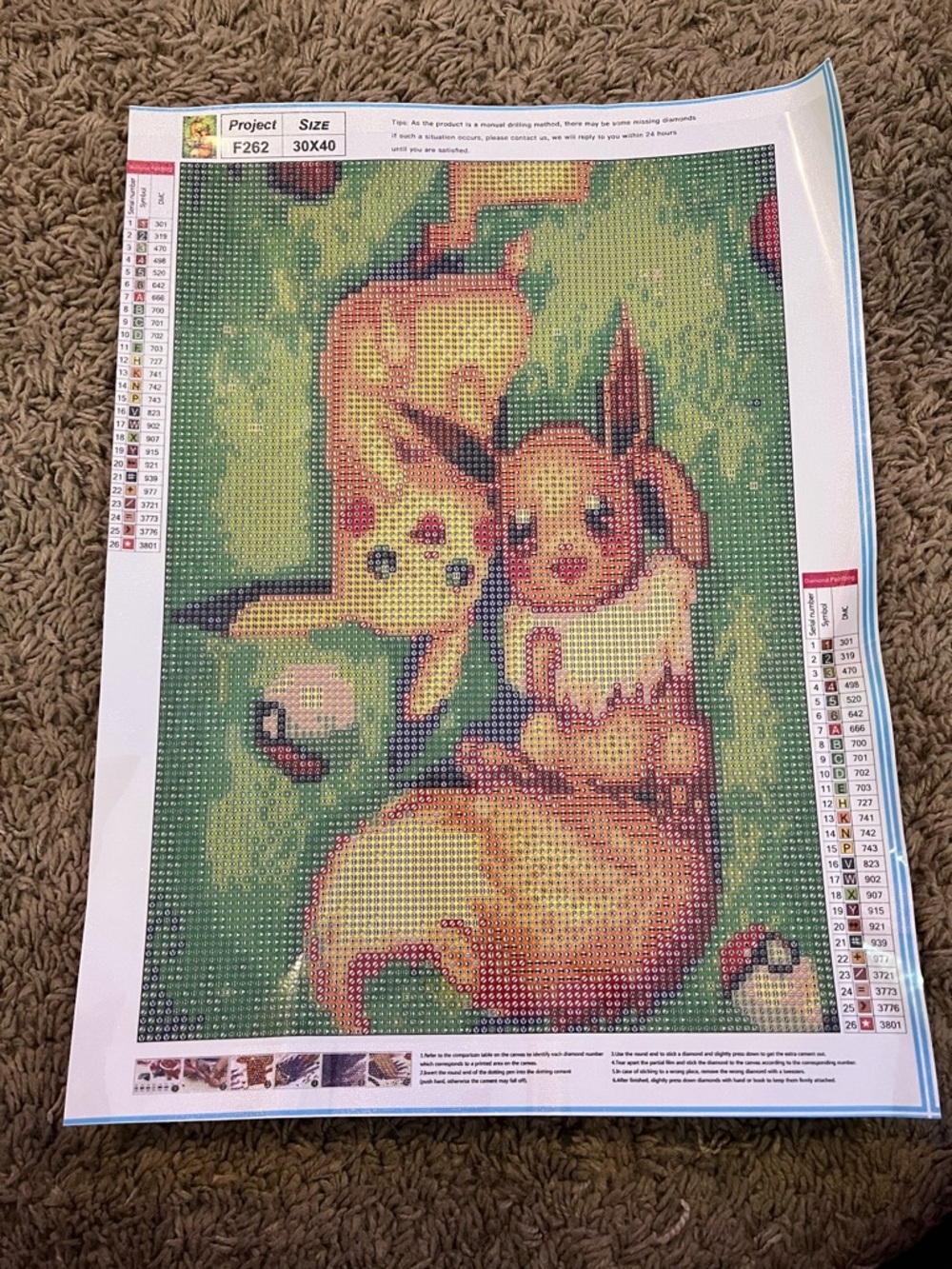 Green Diamond Painting Canvas Featuring Pikachu & Eevee Artwork